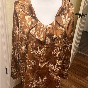 Isaac Mizrahi Brown Floral Ruffle Blouse